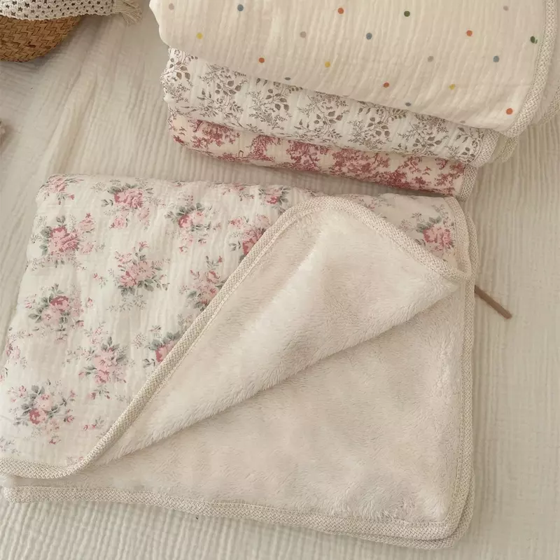 Conjunto cobertor de veludo coreano recém-nascido, inverno Ins cobertores de bebê, cobertor floral de musselina, mãe e filho