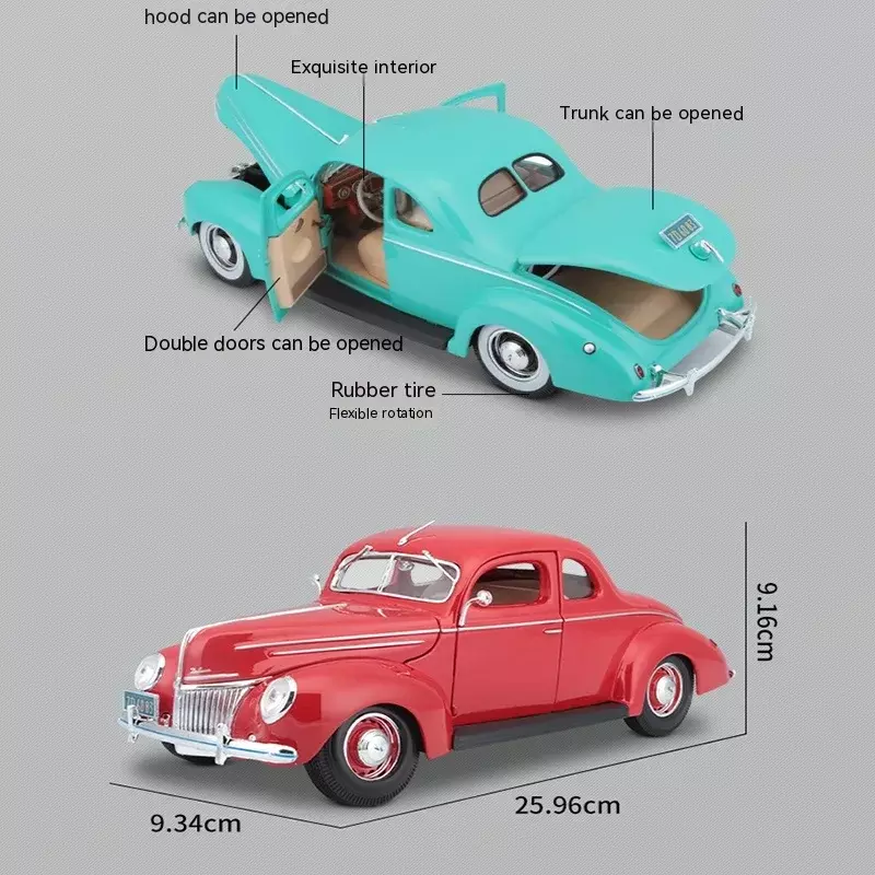 1:18 Ford 1939 Deluxe Coupe Vintage Car Diecast Model Licensed Edition Alloy Luxury Vehicle Toy Collection Ornaments Gift