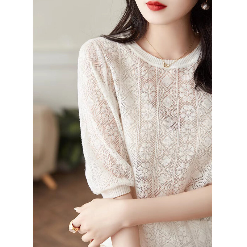 New Summer Hollow Out Short Sleeve Sweater Women Knitted T Shirt Chic Pullover Loose Top Female Casual Solid All-match Basic Tee