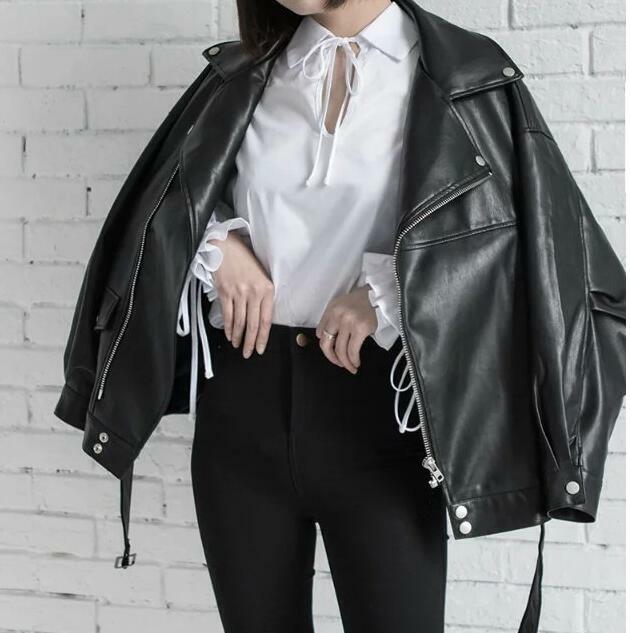 VXO Green Faux Leather Jackets Women Short Vintage Leather Outwear Student Loose PU Leather Jacket With Detachable Belt