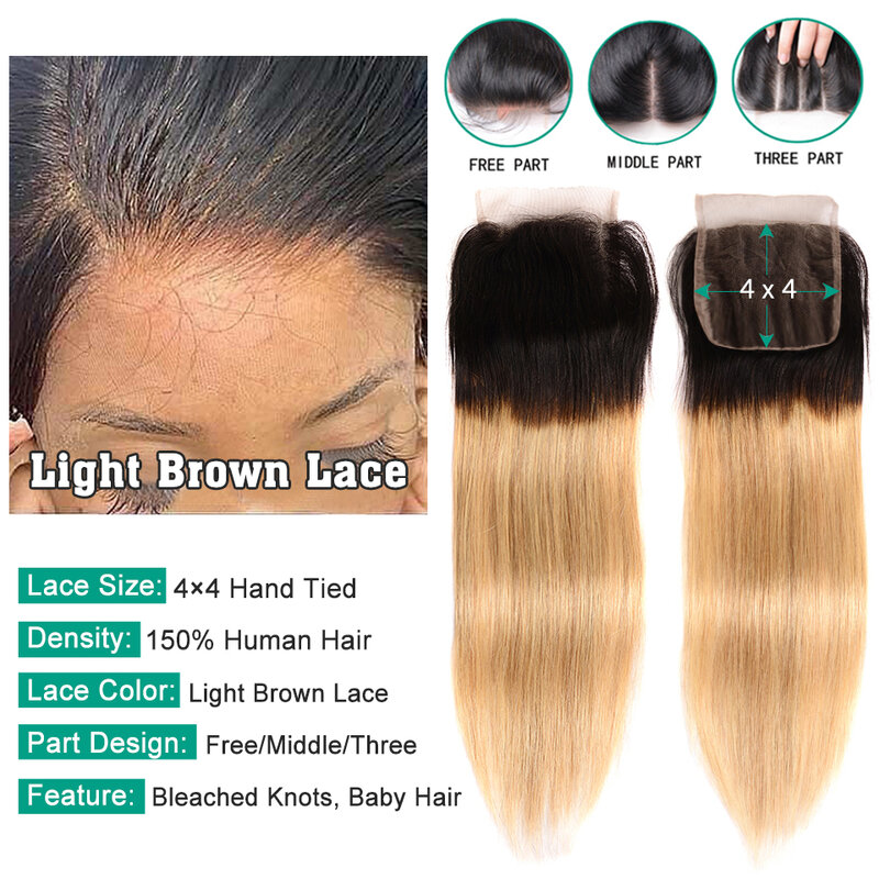Honey Blonde 1B 27 Lace Closure 10-18 Brazilian Straight Human Hair Ombre Orange 1B 350 4x4 Swiss Lace Closures Clearance Sale