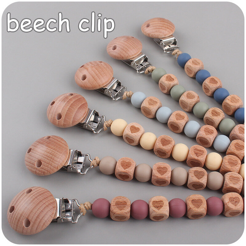 Silicone Bead Pacifier Chain Love Pattern Beech Wood Pacifier Clip Baby Soother Dummy Chain Clips Schnullerkette Baby Toy Strap