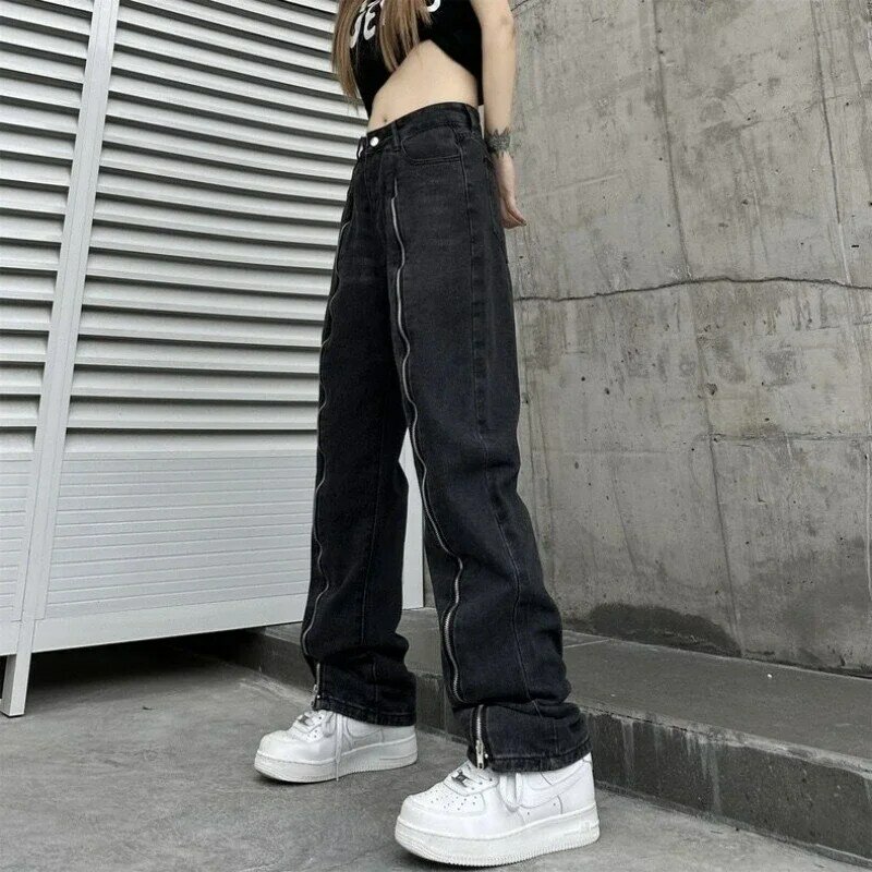 Jeans quadriculada de cintura alta feminino, solto, perna reta, calça casual, moda americana, versátil, novo