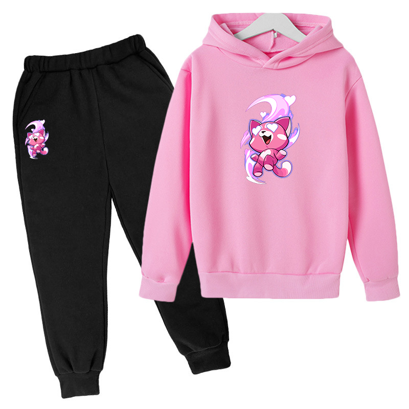 プリント付きピンクのファッショナブルなフード付きセーターセット,漫画のパターン,男の子と女の子のためのかわいいファッション,新しい2024
