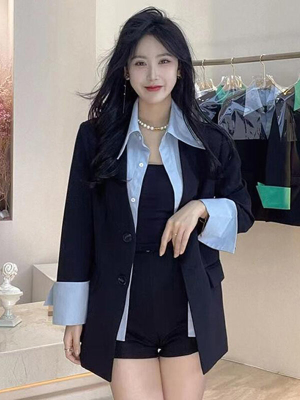 UNXX 여성용 다용도 블랙 긴팔 스플라이스 블레이저, 한국 패션, 캐주얼 루즈 오피스 코트, 용수철 가을 신상