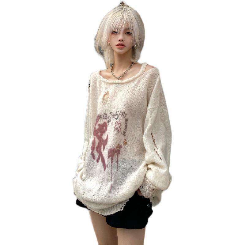 Y2k ragazza punk ventaria design a strappo love graffiti maglione primavera casual top allentato top pullover con stampa Harajuku