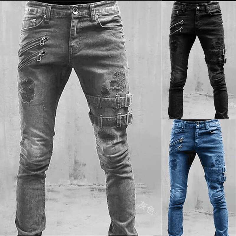 Męskie spodnie Casual Stretch Cargo jeansowe jesienne nowe Techwear moda męska Streetwear Techwear Cargo Y2K obcisłe dżinsy rurki punkowe spodnie
