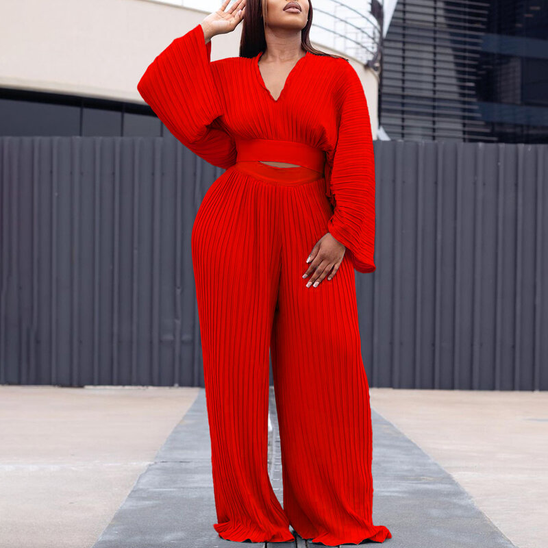 Spring Summer Pleated Two Piece Set African Women Fashiona Solid V-neck Flared Sleeve Shirt Wide Leg Pants Two Piece Set Women