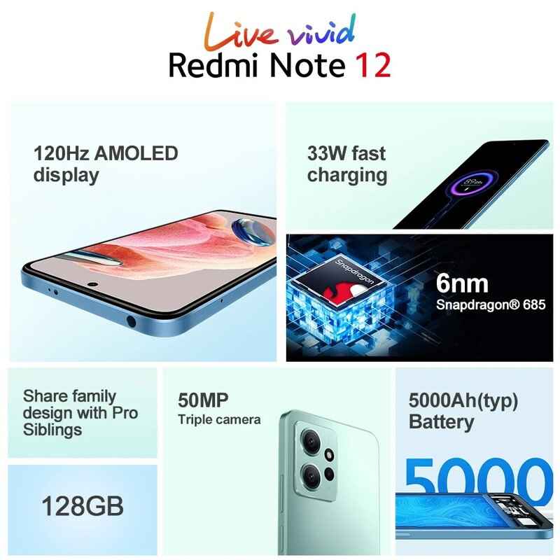 Xiaomi-Redmi Note 12 Smartphone, Versão Global, AMOLED 120Hz, Snapdragon®Câmera De Carregamento Rápido, 50MP, 33W, Bateria 5000mAh, 685