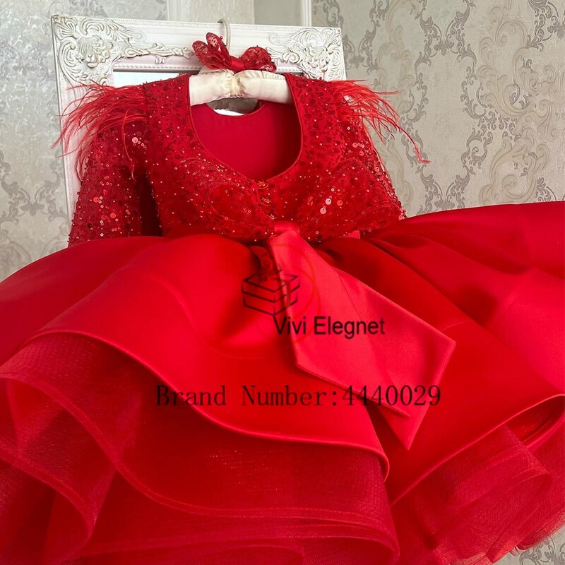 붉은 꽃 소녀 드레스 깃털 2024, 전체 소매 새틴 웨딩 파티 드레스, 스팽글 장식, 여름 신상