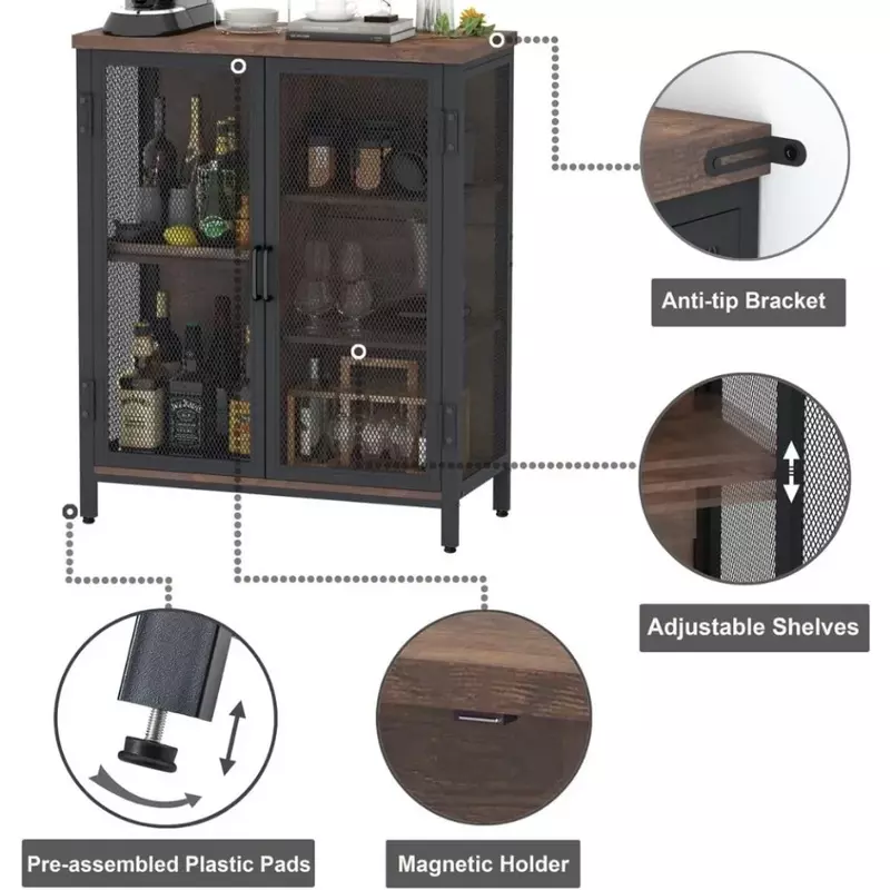 Small Coffee Bar Cabinet for Liquor and Wines, Rustic Industrial Accent Storage Cabinet, Farmhouse Small Oak Buffet Sideboard