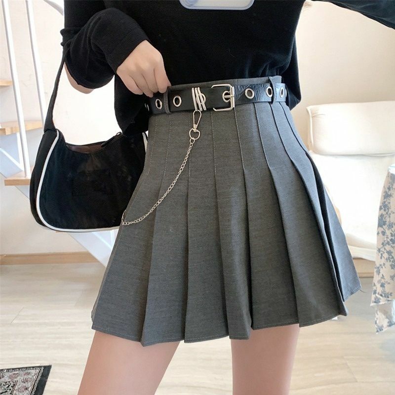 Y2k New Spring And Summer Women Pleated Skirt Chain High Waist Black Workwear Slim A-line Mini skirts retro Short Skirt