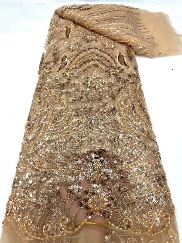 African Beaded Lace Fabric 2024 High Quality 5 Yards Nigerian Sequins Groom Fabric Material For Wedding Party Dress