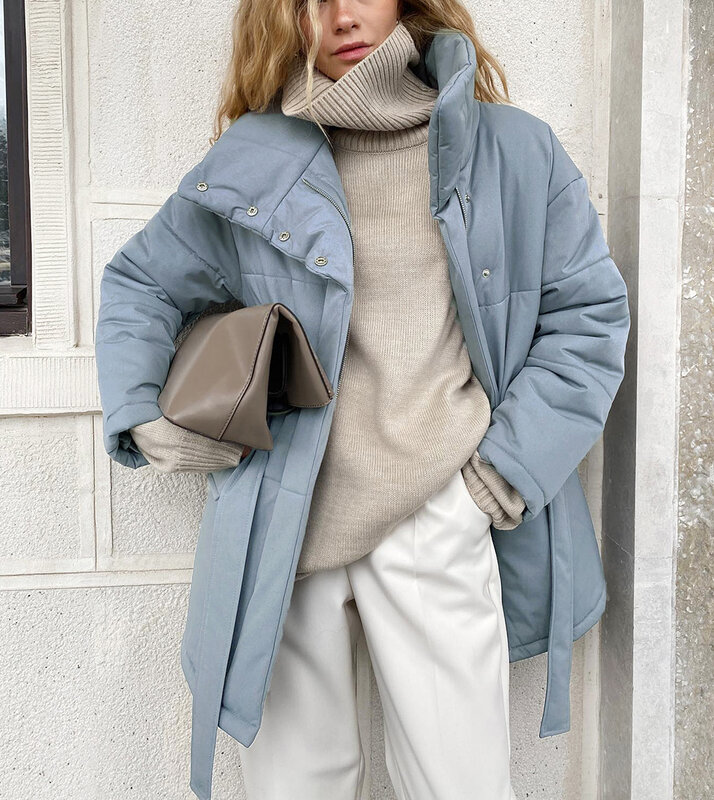 Suninbox-Parkas cálidas de algodón para mujer, Abrigo acolchado informal de gran tamaño con botones gruesos, chaqueta suave Beige con cinturón, invierno, 2022
