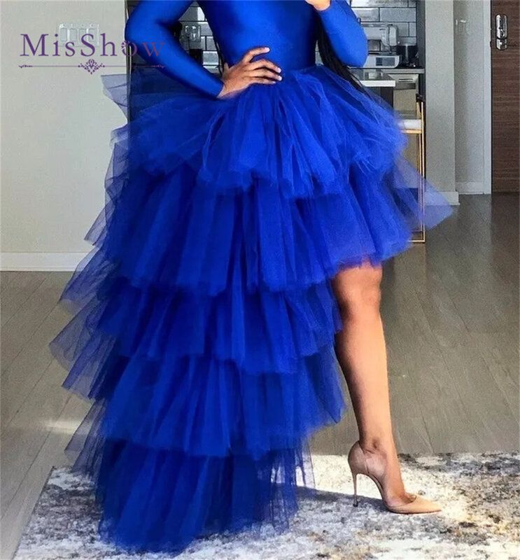 Royal Blue Tulle Skirts Women Elastic Waist Hi-Low Female Layered Fluffy Princess Special Occasion Wedding Party Tutu Skirt