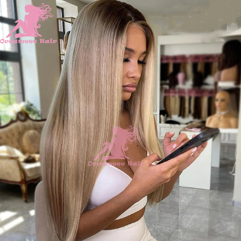 Ash Blonde Highlight 13x6 Lace Frontal Wigs Human Hair Colored Brazilian Human Hair Straight Ombre Wig Transparent Swiss Lace Fr