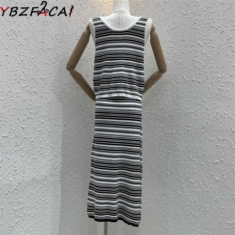 YBZFACAI 2022 Summer New Striped Knitted 2-Piece Set Women Retro Fashion Camisole + Elastic High Waist Skirt Women Casual Suit
