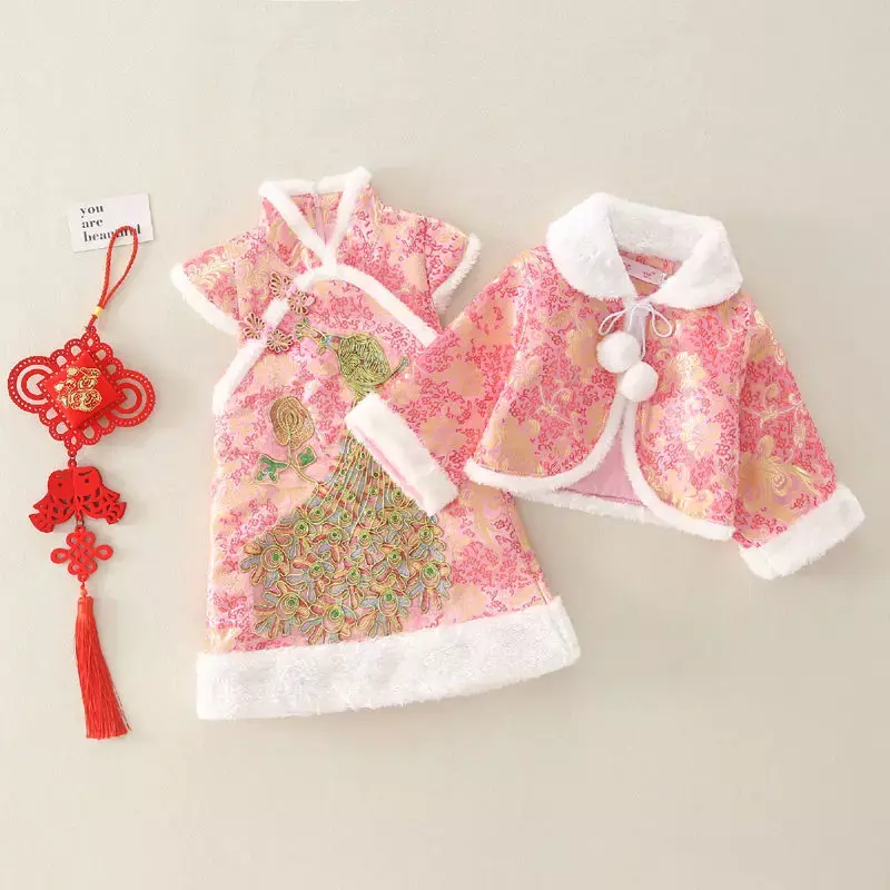 Baby chinesische Neujahrs kleidung Mädchen Tang Anzug Winter Kinder bestickt Cheong sam Prinzessin Kleid Mantel Set Performance Kostüm