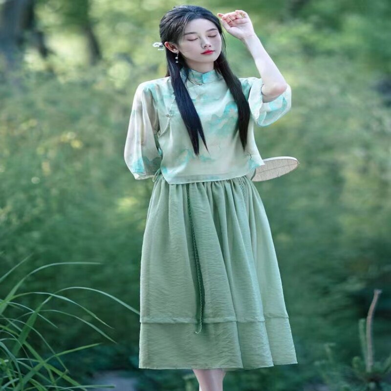 Nowy chiński styl Retro literacki pół spódniczka strój Tang dwuczęściowy zestaw z ulepszonym chińskim garniturem Zen herbacianym codzienny zestaw damski