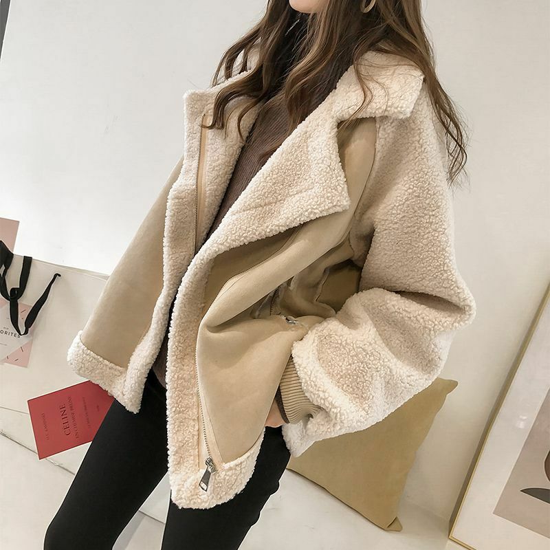 Chaqueta de lana de manga larga para mujer, abrigo grueso con solapa y bolsillos, holgado y cálido, con cremallera, moda urbana, invierno, 2023