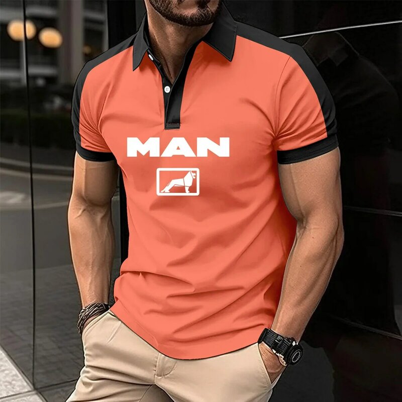 Polo informal para hombre, camiseta de retazos de color de negocios con botones de solapa, top de manga corta con estampado de camión, nueva moda