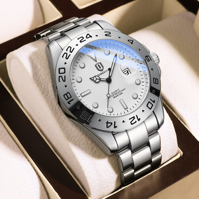 QINGXIYA-relógio de quartzo de aço inoxidável masculino, impermeável calendário luminoso relógios, marca de luxo, sólido