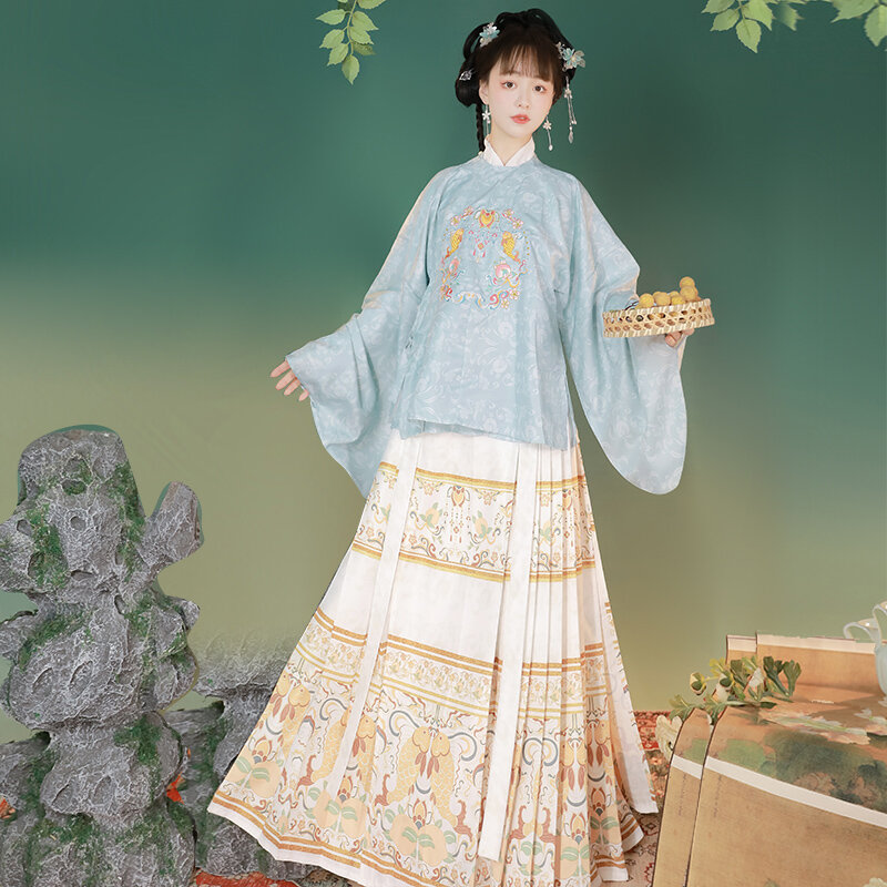 중국 전통 한푸 여성 명나라 크루넥 자수 비지아 말 얼굴 포니 스커트, 데일리 가을 겨울 세트