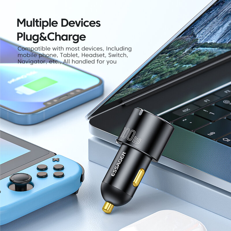 Автомобильное зарядное устройство Essager 100 Вт, быстрая зарядка, быстрая зарядка QC PD 3,0 для iPhone 14, автомобильное зарядное устройство USB Type-C для Samsung, ноутбуков, планшетов