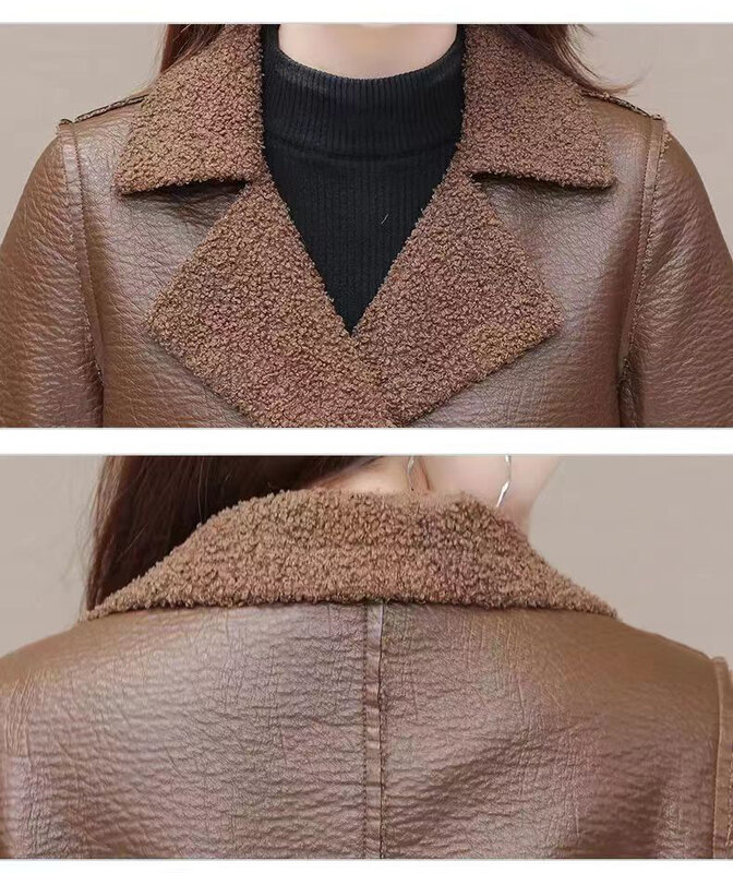 Veste en cuir PU réversible pour femme, manteau chaud en laine d'agneau, vêtements d'extérieur décontractés pour femme, automne et hiver 2023