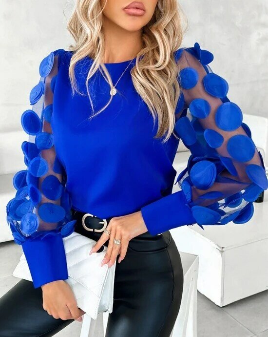 Женская блузка с длинными рукавами, элегантная однотонная блузка с круглым вырезом и рукавами-лепестками, 2023