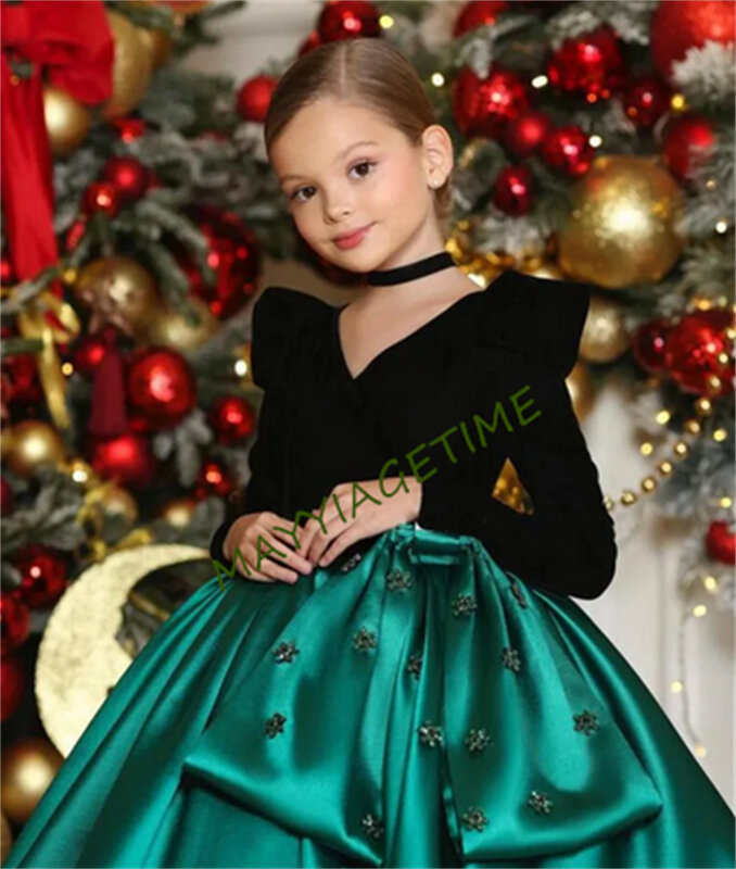 Vestidos de satén verde de terciopelo negro para niñas, cuello en V, mangas largas, regalo de Navidad para niñas, vestido de fiesta para niñas de flores
