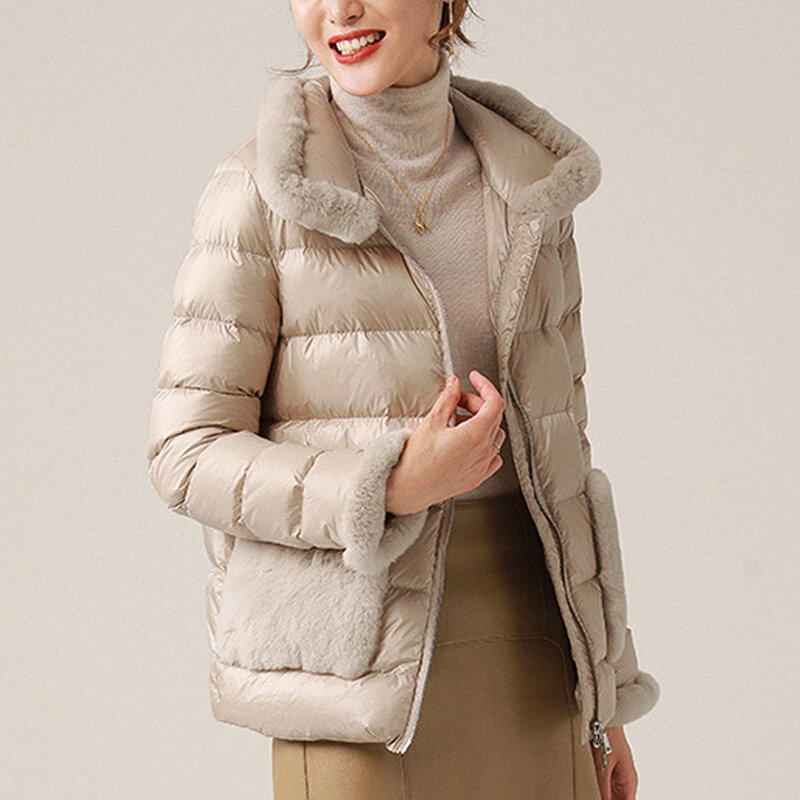 Casaco de pato branco para mulheres, grosso e quente, cabelo de coelho, jaqueta curta, nova moda, inverno