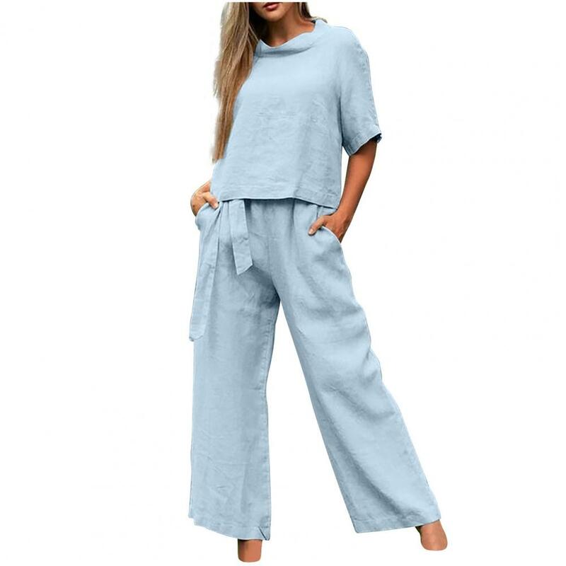 Комплект из 2 предметов: блузка и штаны с круглым вырезом, топ с коротким рукавом и широкие свободные брюки, повседневная домашняя одежда