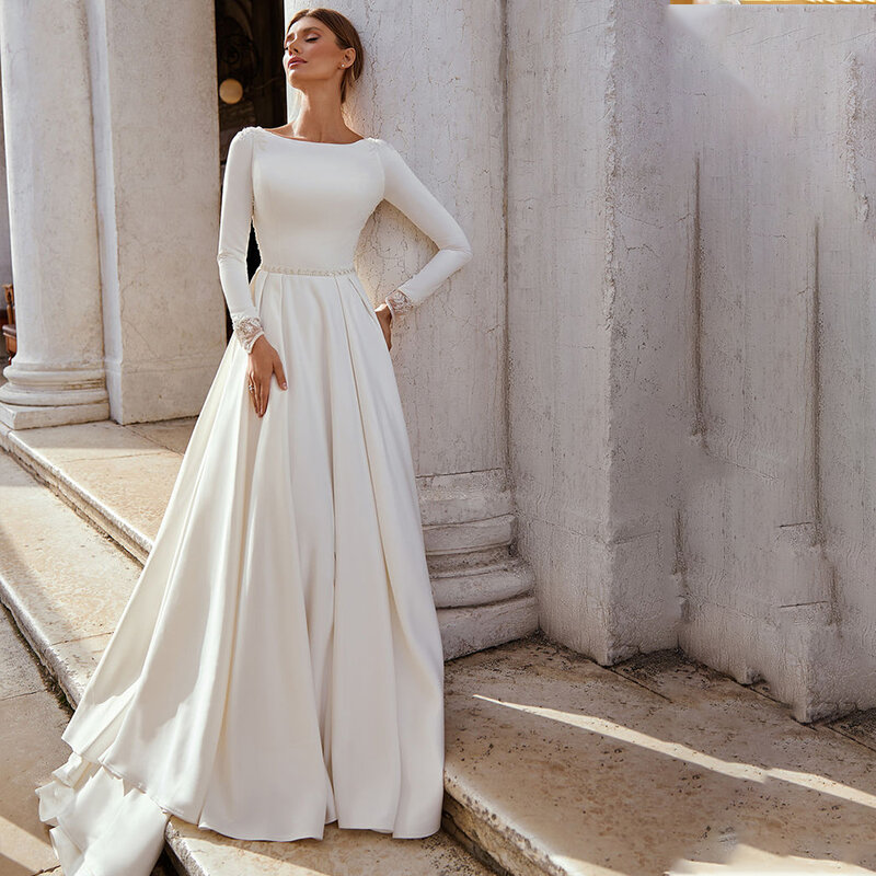 Gaun Pengantin Garis Lengan Panjang dengan Manik-manik Kristal Satin Gaun Pengantin Gaun Pengantin untuk Wanita Dibuat Khusus untuk Ukuran Elegan