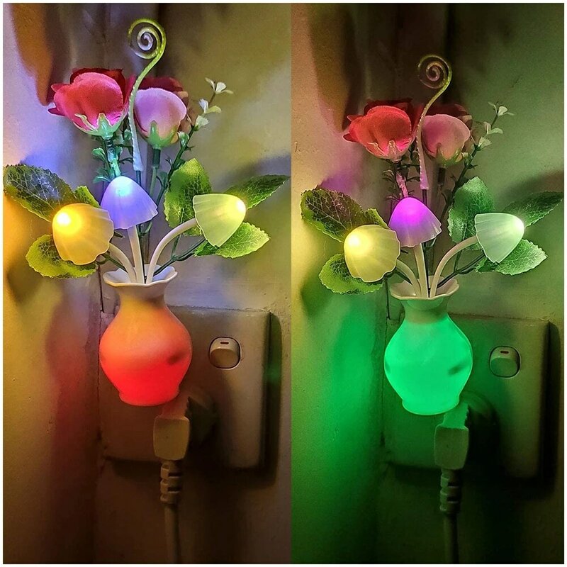 Lampu malam LED 0.5W, dengan Sensor otomatis hemat energi bunga mawar steker jamur untuk kamar tidur kamar mandi ruang tamu dapur
