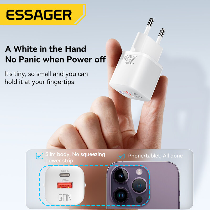 Essager 20W GaN USB Type C PD Fast Charge โทรศัพท์ QC 3.0เครื่องชาร์จสำหรับ iPhone 14 13 12 11 Pro Max Mini iPad ชาร์จ