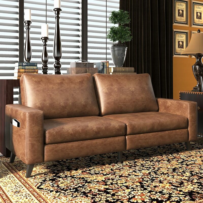 Divano in pelle per soggiorno, divano moderno di metà secolo in ecopelle marrone piccolo, divani e divani larghi 79"