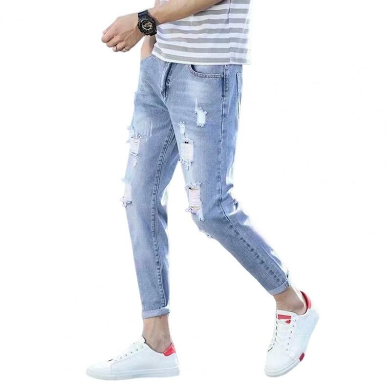 Denim Trousers Korean Style Mid-rise Button Zipper Fly Pockets Men Jeans Ripped Holes Slim Fit Denim Pants Streetwear