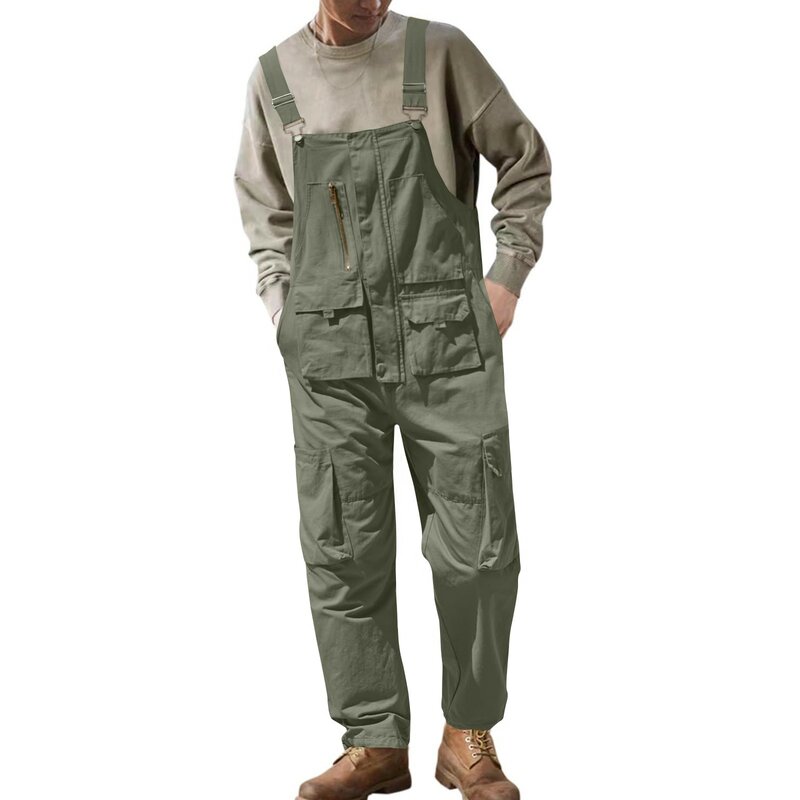 Men Overalls Bib Fashion Trend Loose Solid Color Work Dungarees Spring Daily Causal Workwear Romper With Multy Pockets