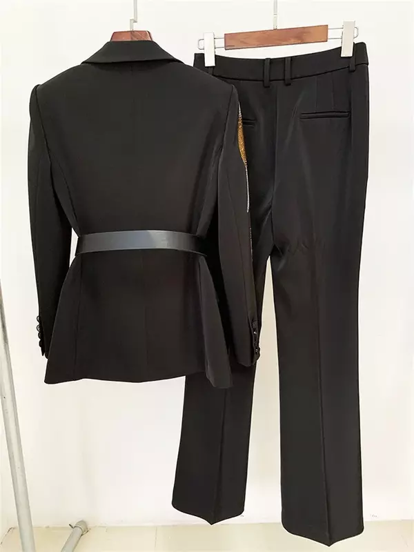Luxe Zwarte Damespakken Set Met Riem 2 Stuks Kristallen Jas + Broek Vrouwelijke Lente Office Lady Business Werkkleding Jas Prom Dress