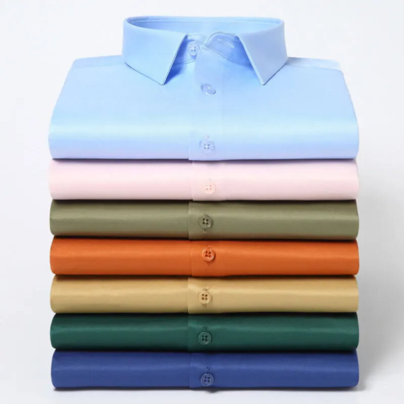 Camisas de seda de manga larga para hombre, botón de perforación de Color sólido 3XL, sedoso, Formal, Social, sin hierro y arrugas, ropa de moda suave