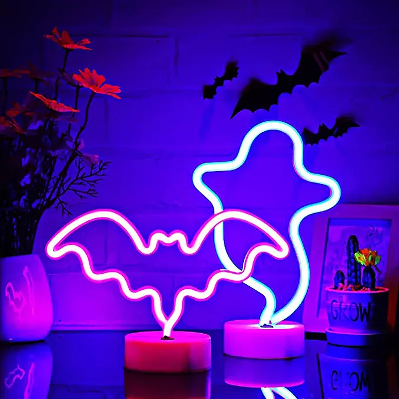 Luces LED de neón con forma de murciélago y Luna, lámpara de modelado de animales fantasma, adornos de escena de luz nocturna, decoración de pared de habitación, tienda, fiesta en casa, Halloween