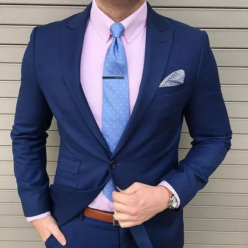 ชุดทักซิโด้สีฟ้าเข้มสำหรับงานแต่งงานของผู้ชายชุดสูทเบลเซอร์เข้ารูป2ชิ้นคอปกสูงสุดของ Homme terno Masculino (แจ็คเก็ต + กางเกง)