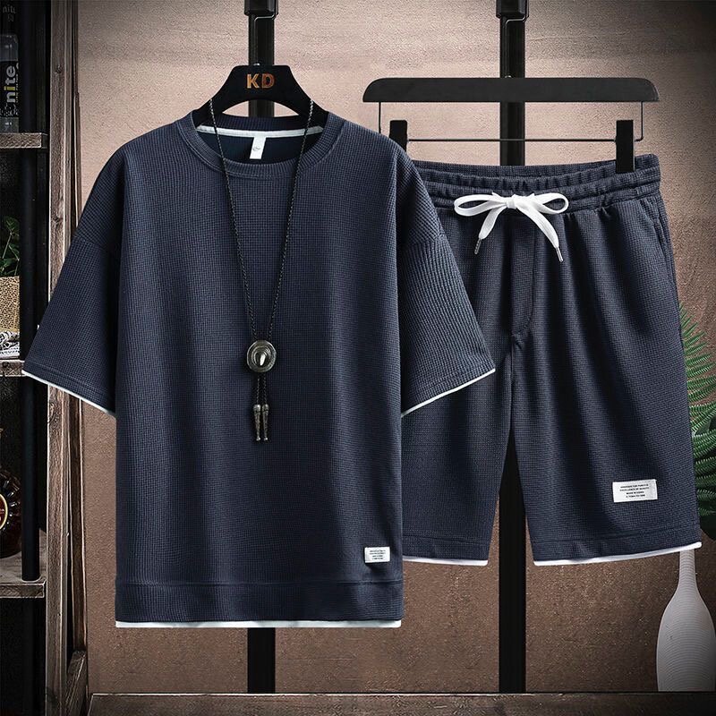 남성용 편안한 캐주얼 반팔 티셔츠, 편안한 통기성 투피스 세트, 단색 라지 사이즈, 2024 여름 신상 패션