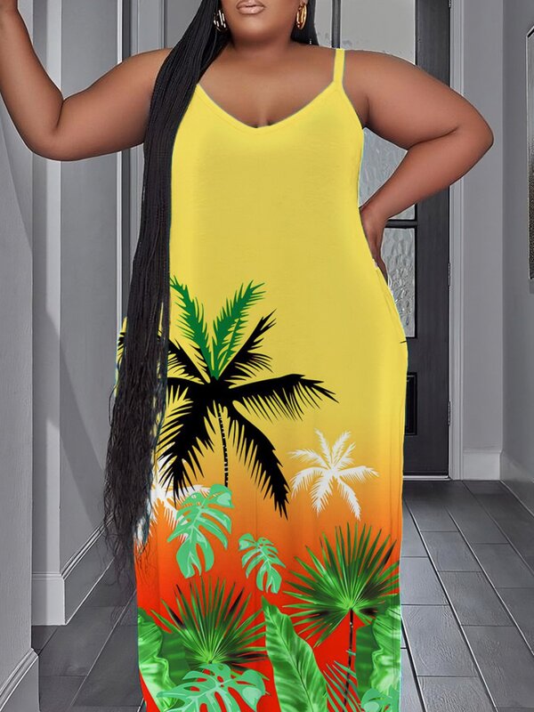 Sukienki w rozmiarze Plus nadruk palma Gradient sukienka na cienkich ramiączkach lato sukienka maxi bez rękawów wezdo duży rozmiar odzież damska sukienka