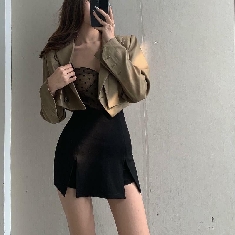 Rok pendek belah seksi rok setelan wanita kantor rok musim panas baru celana dalam Mini A-line hitam rok celana pendek kaki lebar pinggang tinggi