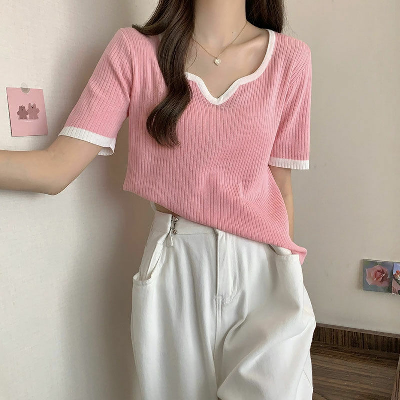Женская трикотажная футболка с коротким рукавом, однотонная Свободная Повседневная футболка с V-образным вырезом, в Корейском стиле, лето 2024