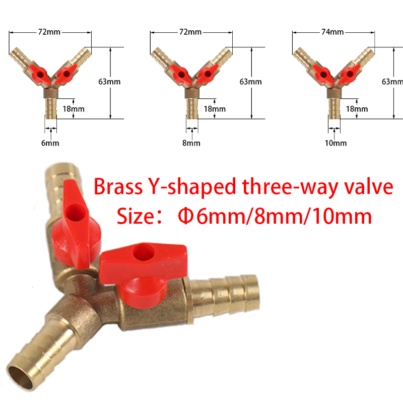 6 8 10 Mm Hose Barb Y-type All-copper Pagoda 3-way Brass Cutoff Ball Valve Fittings Fittings Adapter for Fuel, Water, Oil, Air