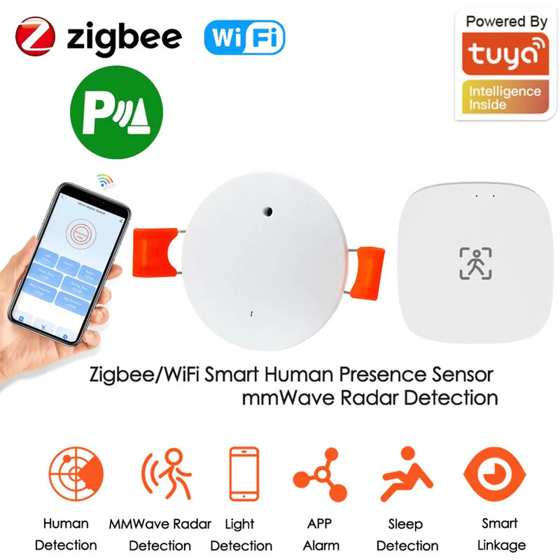 Tuya Zigbee Датчик присутствия человека mmWave Радар-детектор Wi-Fi Smart Life Датчик движения с обнаружением яркости/расстояния Беспроводной