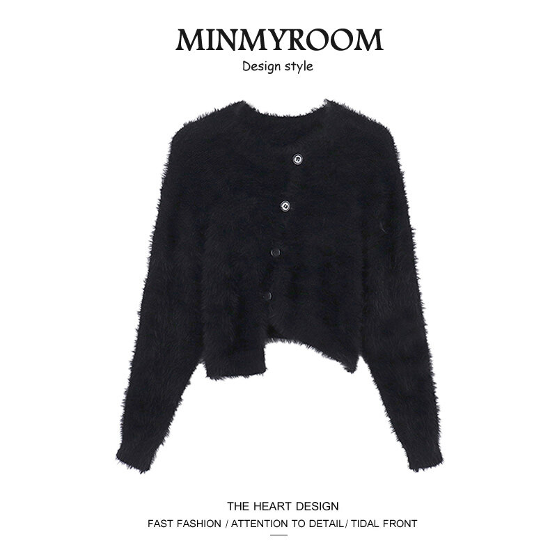 2022 autunno nuovo maglione girocollo moda coreana imitazione visone Cashmere asimmetrico tinta unita Cardigan lavorato a maglia donna
